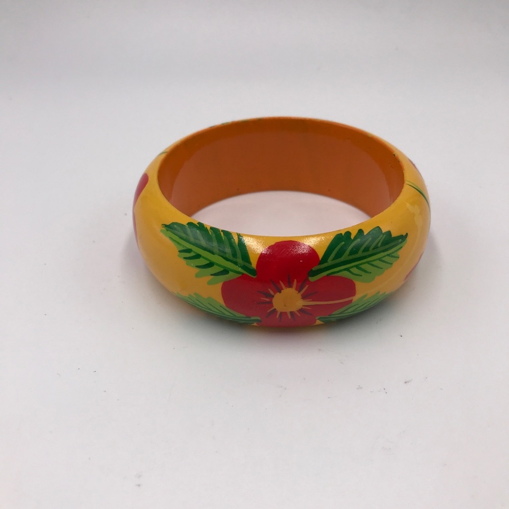 Wood Bangle Hand Painted Flower Bracelet Yellow Cuff Bohemian Boho Lightweight